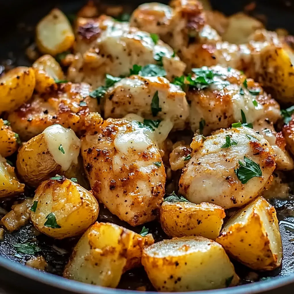 A pan of chicken and potatoes.