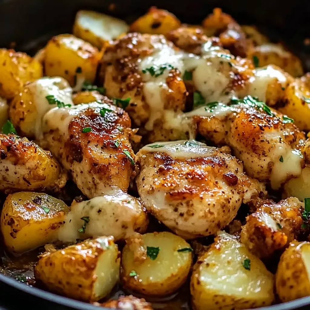 A pan of food with chicken and potatoes.