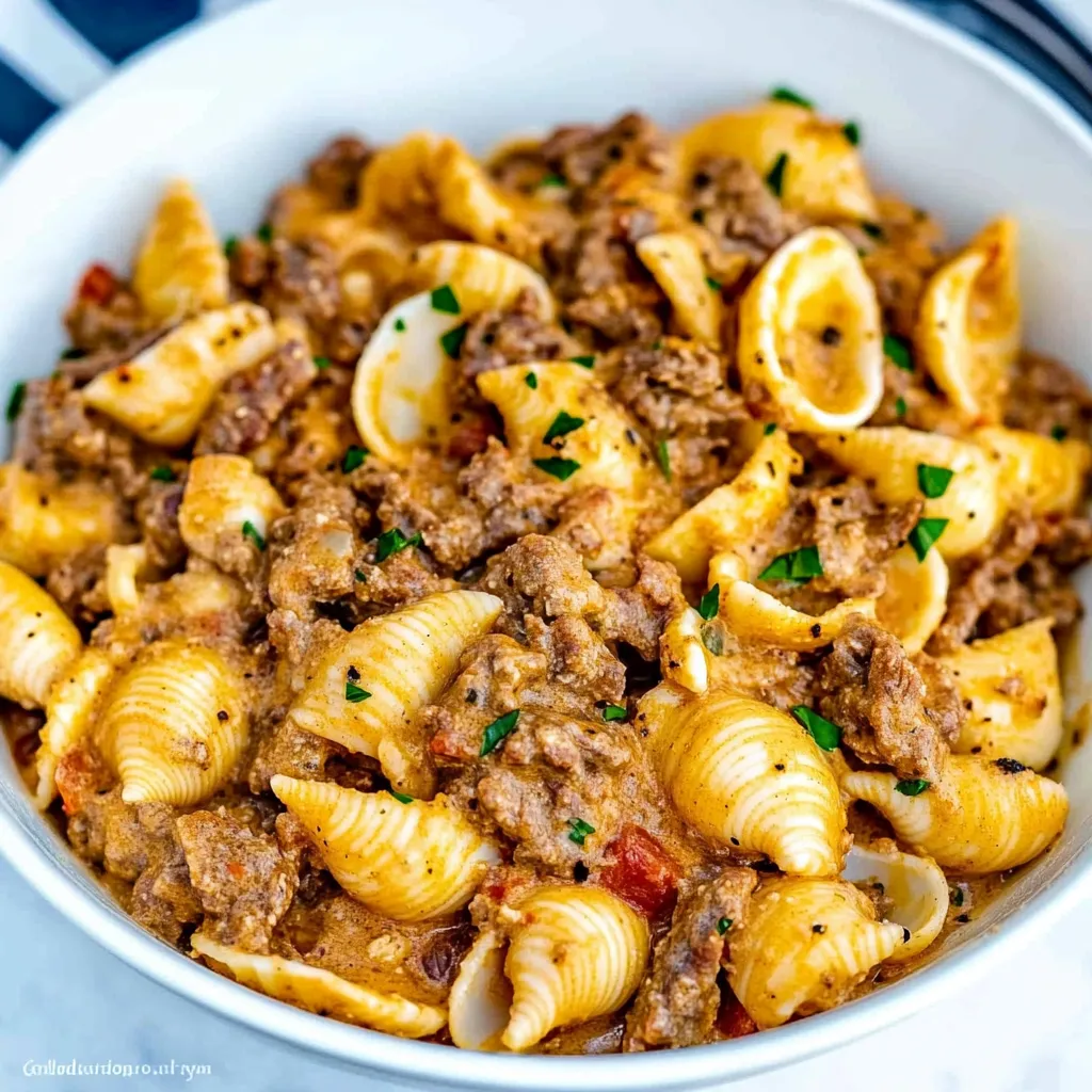 A bowl of pasta with meat and cheese.