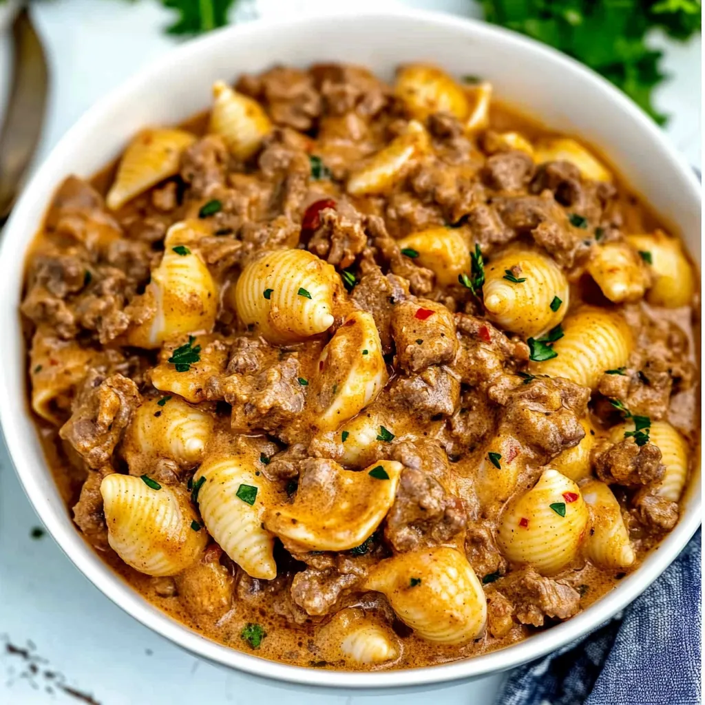 A bowl of pasta with meat sauce.
