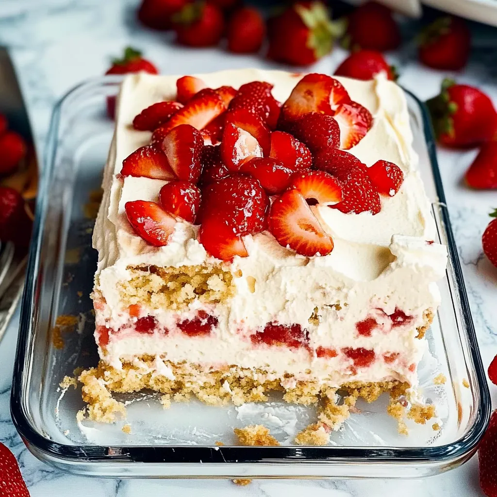 A slice of cake with strawberries on top.