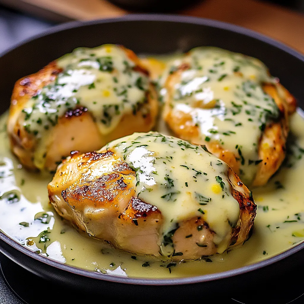 Chicken with sauce and herbs.