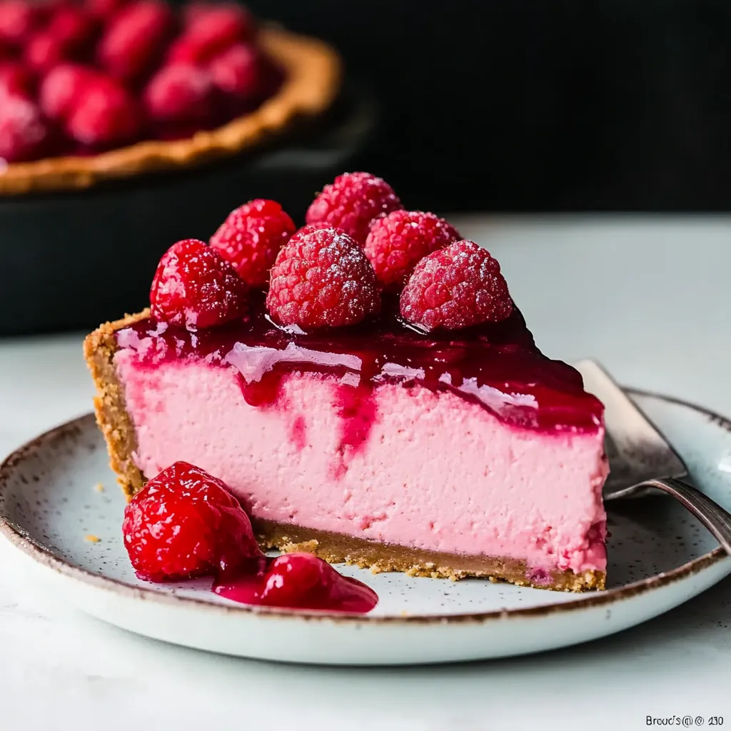 A slice of pink cake with raspberries on top.