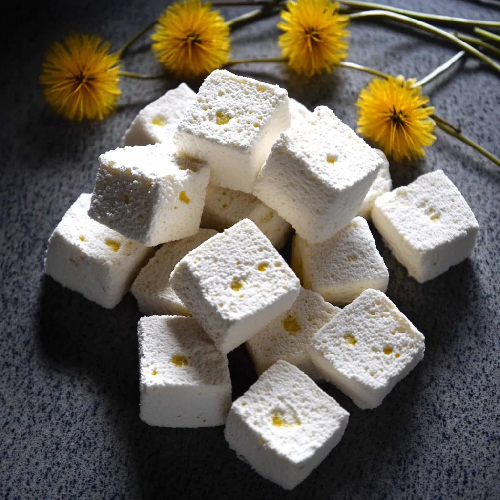 A pile of marshmallows with yellow flowers.
