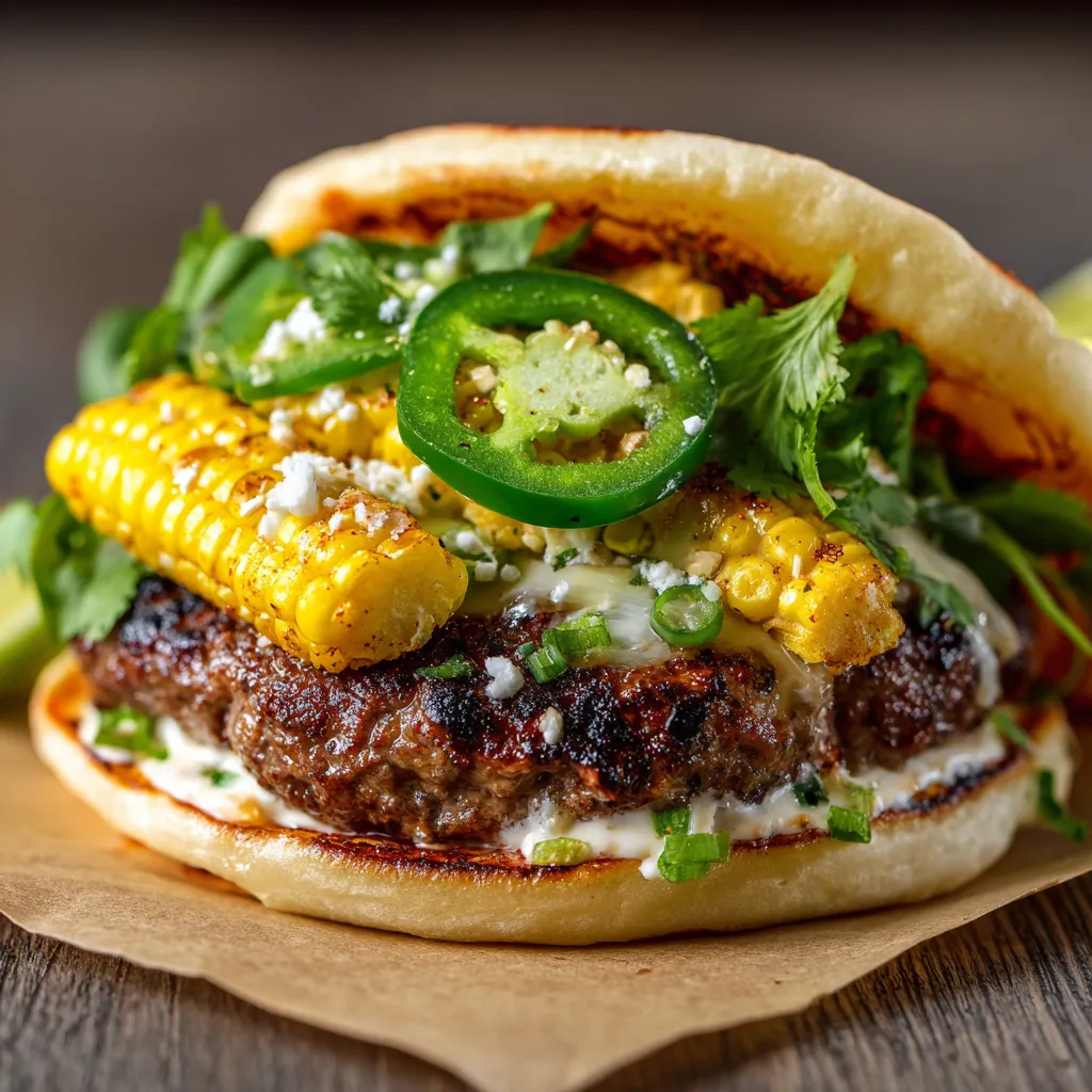 A burger with jalapenos and corn.