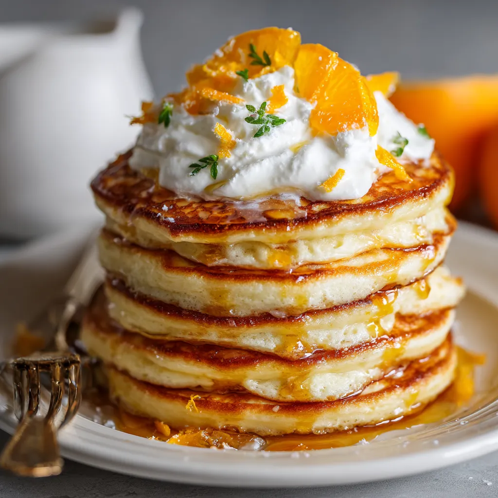 A stack of pancakes with orange slices on top.