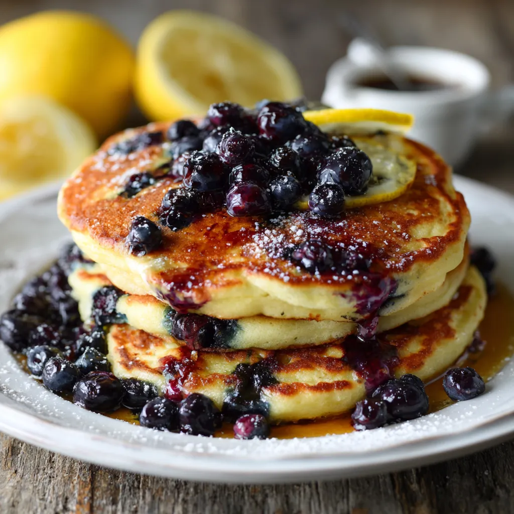 A stack of pancakes with blueberries on top.