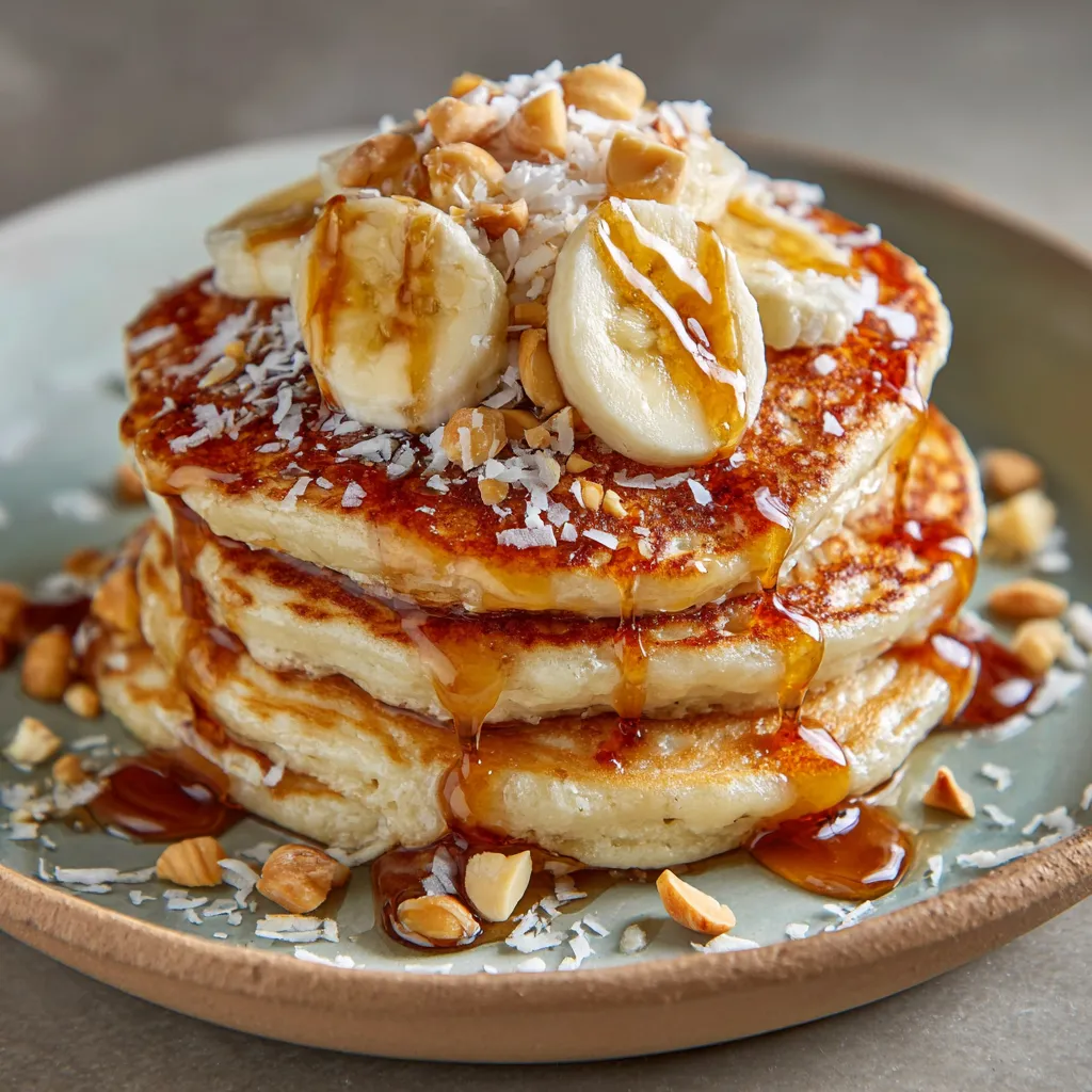 A stack of pancakes with bananas and nuts on top.
