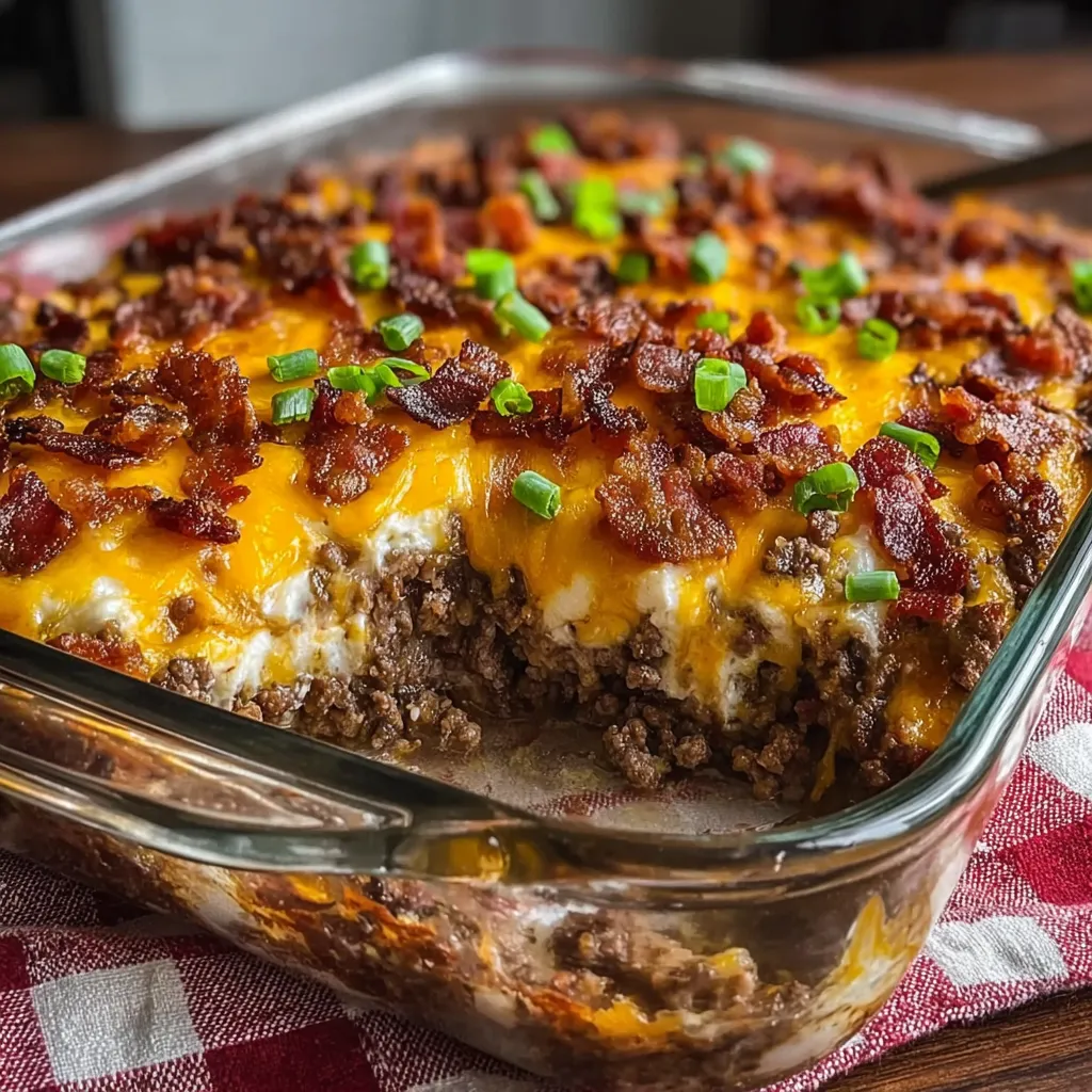 A casserole dish filled with bacon and cheese.
