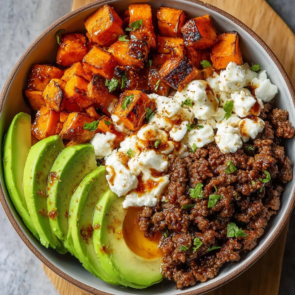 A bowl of food with meat, cheese, and avocado.