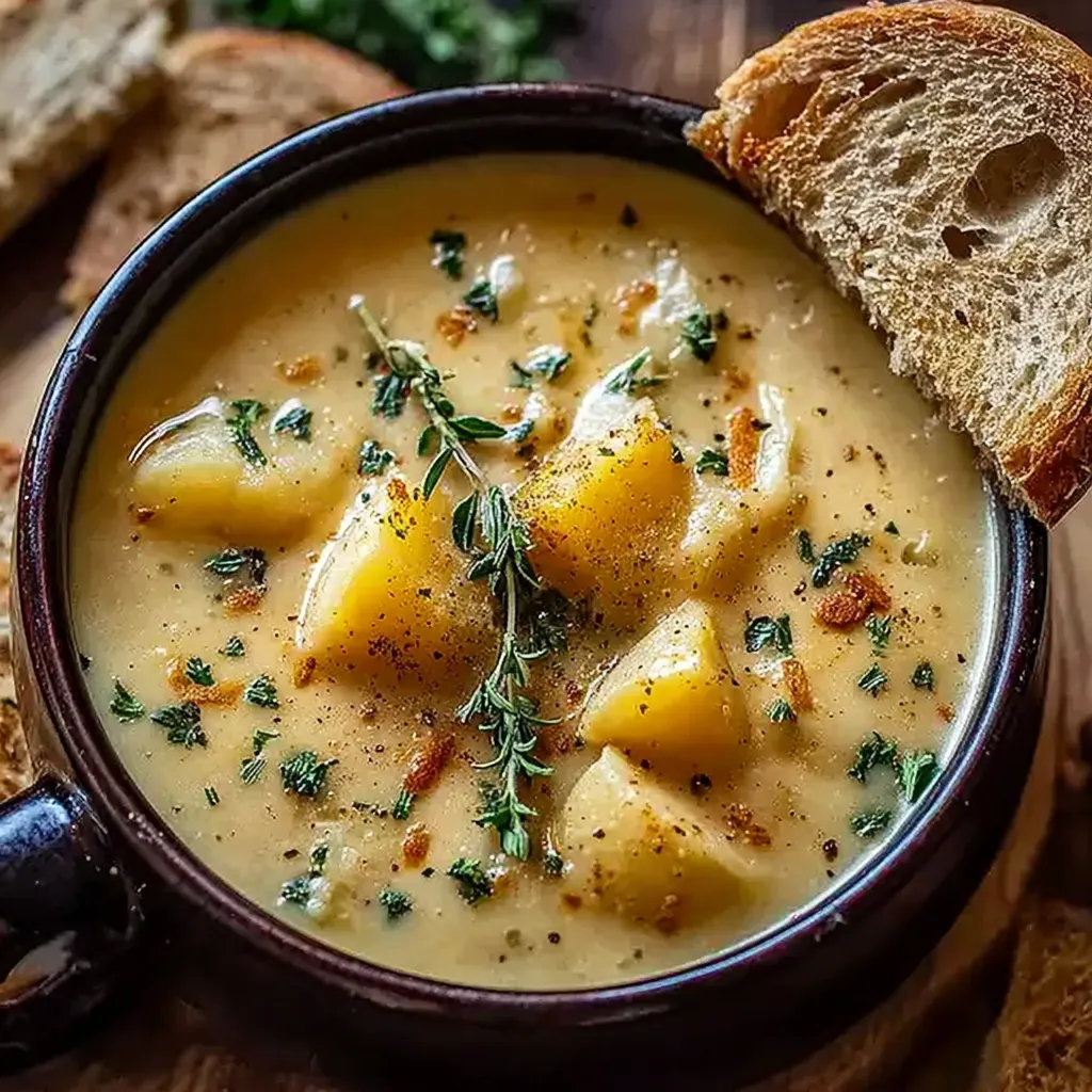A bowl of soup with a slice of bread on top.