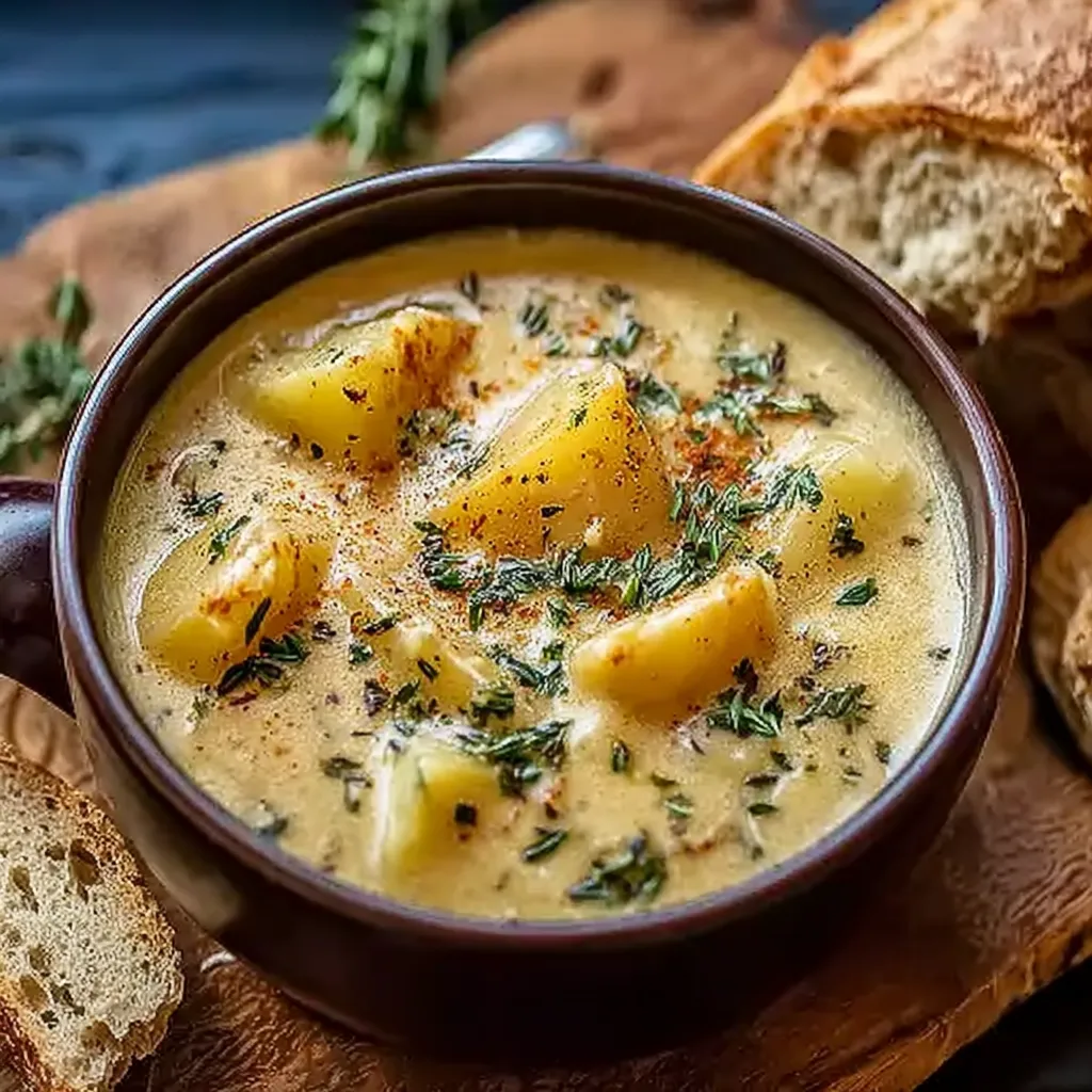 A bowl of soup with bread on a table.