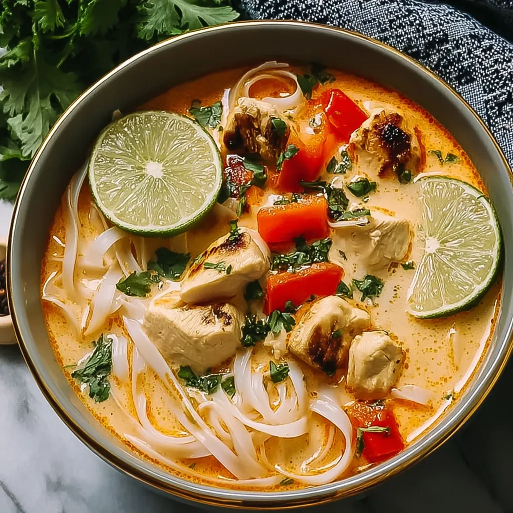A bowl of soup with lime wedges and chicken.