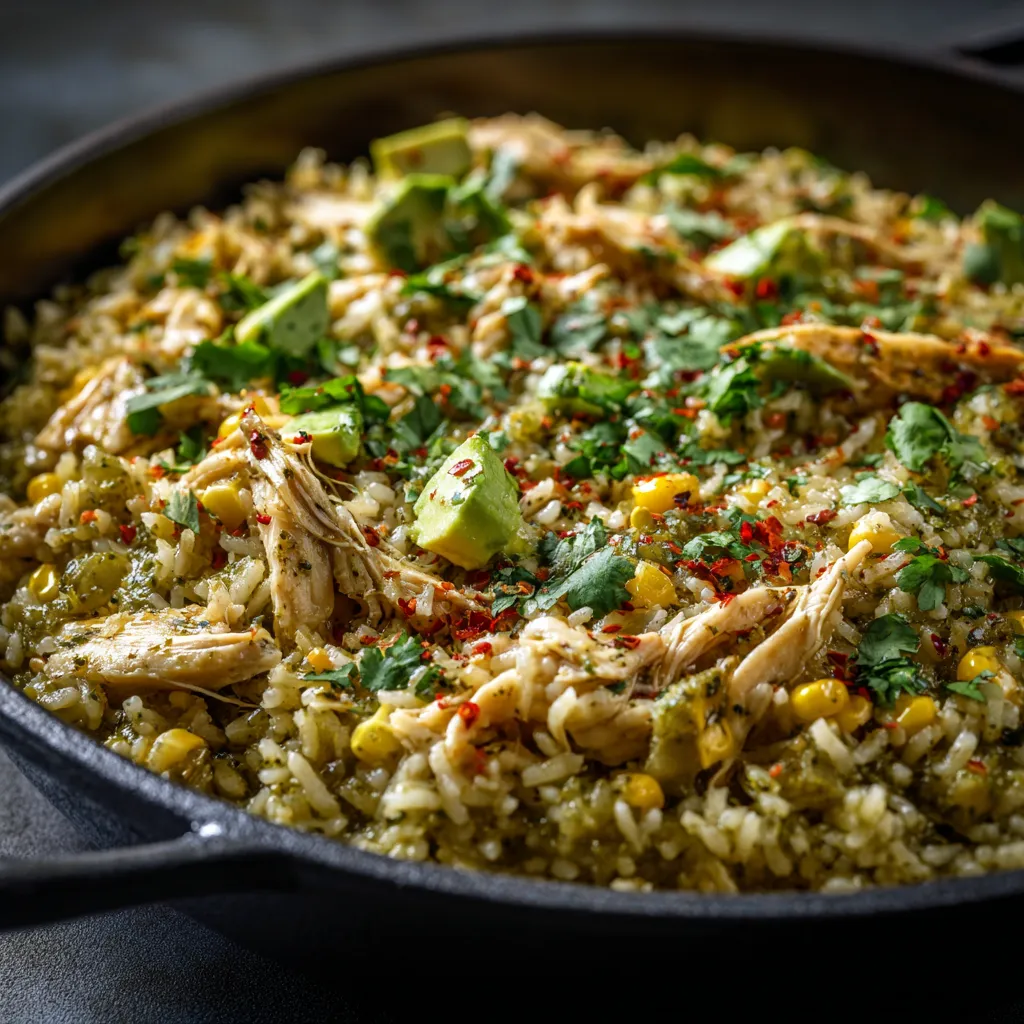 A pan of food with rice, chicken, and avocado.