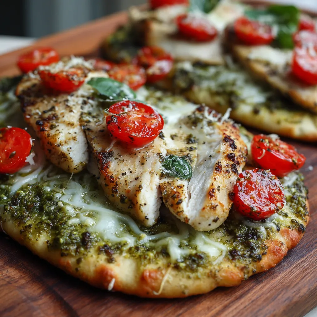A pizza with chicken and tomatoes on a wooden board.