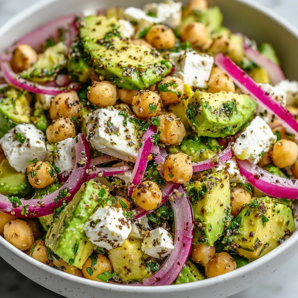 A bowl of food with chickpeas, avocado, onions, and feta cheese.