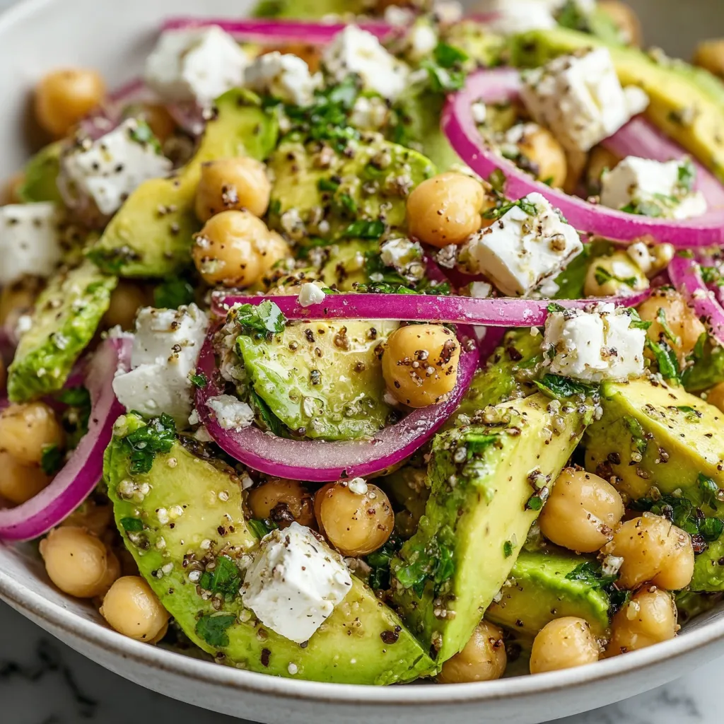 A bowl of food with chickpeas, avocado, and feta cheese.