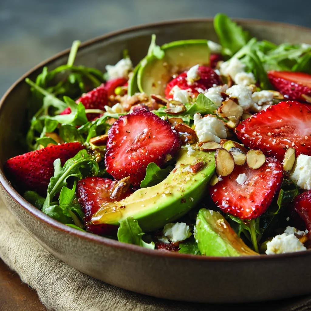 A bowl of salad with strawberries, avocado, and blue cheese.