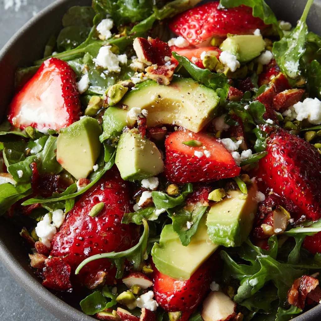 A bowl of salad with strawberries and avocado.