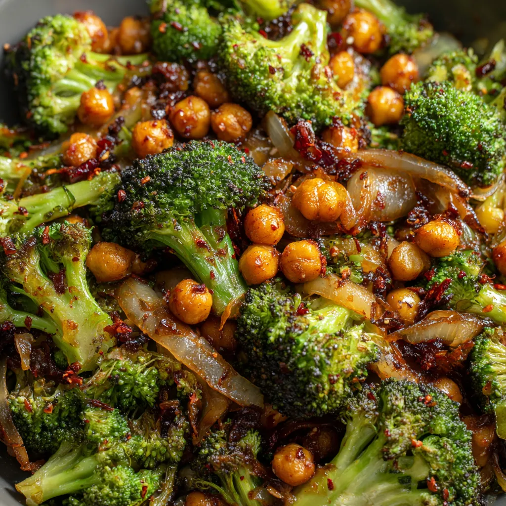 A bowl of vegetables including broccoli and chickpeas.