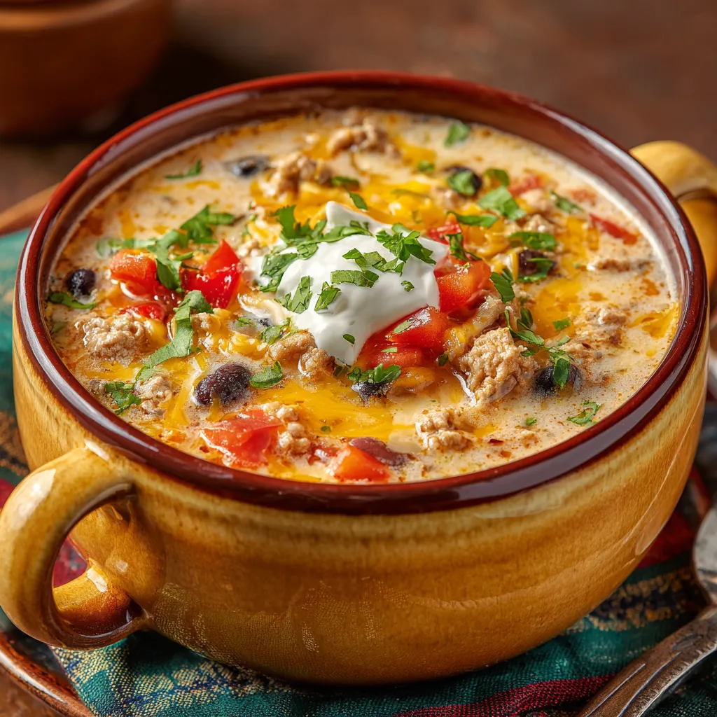 A bowl of soup with a dollop of sour cream on top.