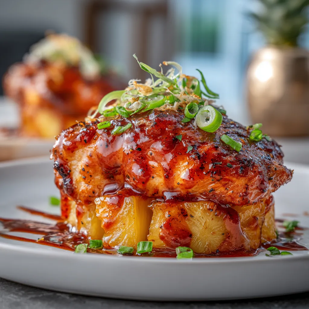 A plate of food with a pineapple on top.