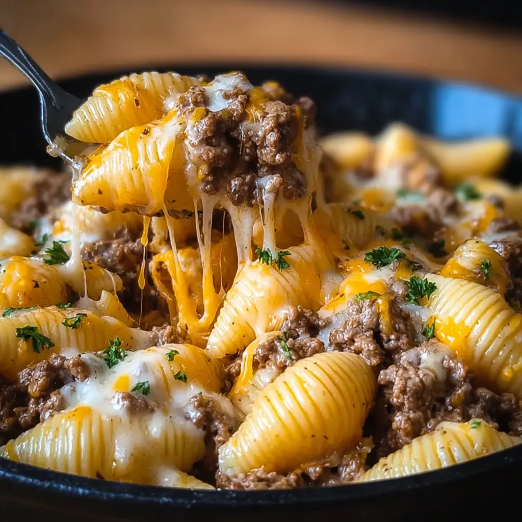 A bowl of pasta with meat and cheese.