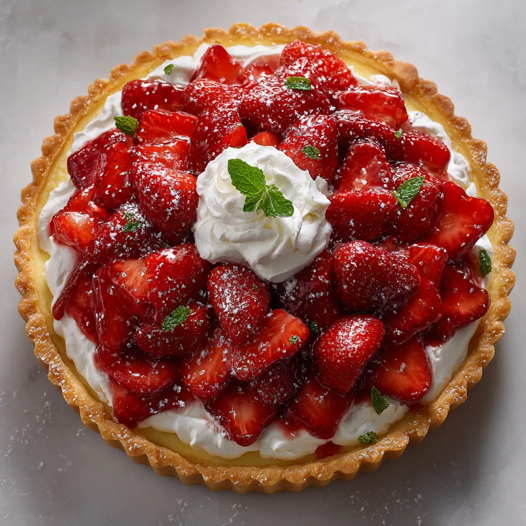 A slice of strawberry pie with whipped cream.