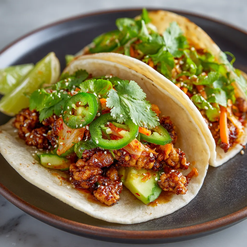 Two tacos with meat and vegetables on a plate.