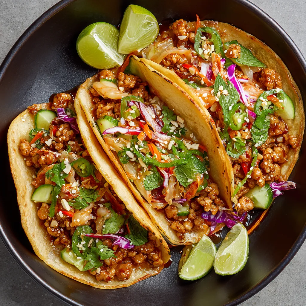 A bowl of food with two tacos and a lime wedge.