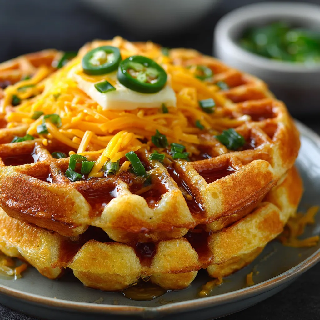A waffle with cheese and jalapenos on top.