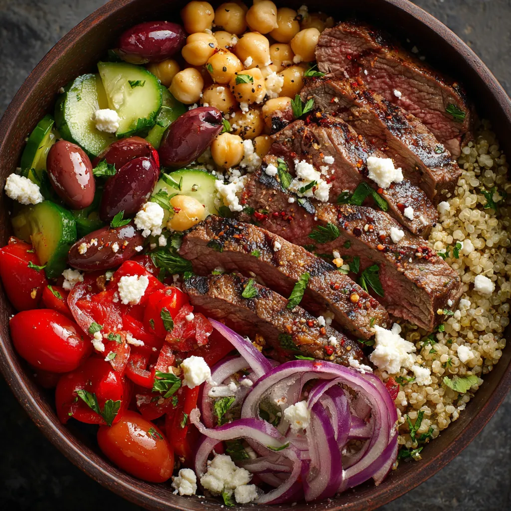 A bowl of food with meat, tomatoes, onions, and olives.