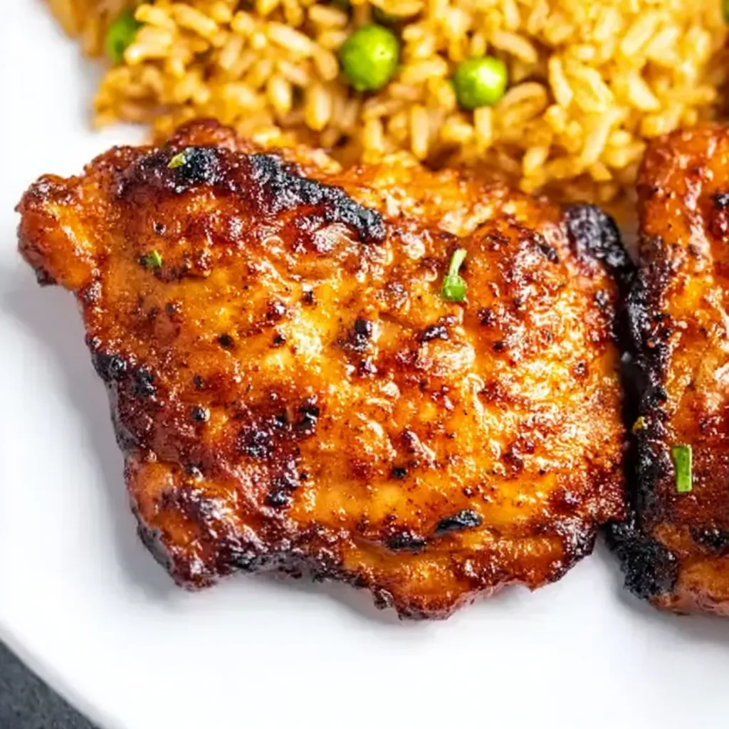 A plate of food with rice and chicken.