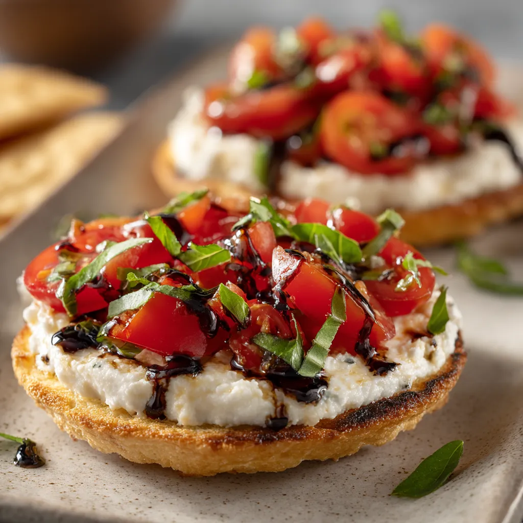 Two pieces of food with tomatoes and cheese.
