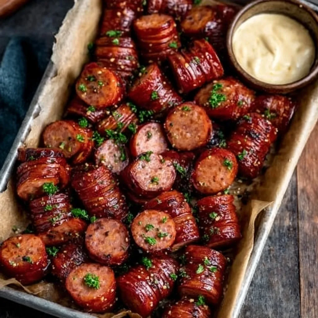 A tray of sausage links with a dipping sauce.