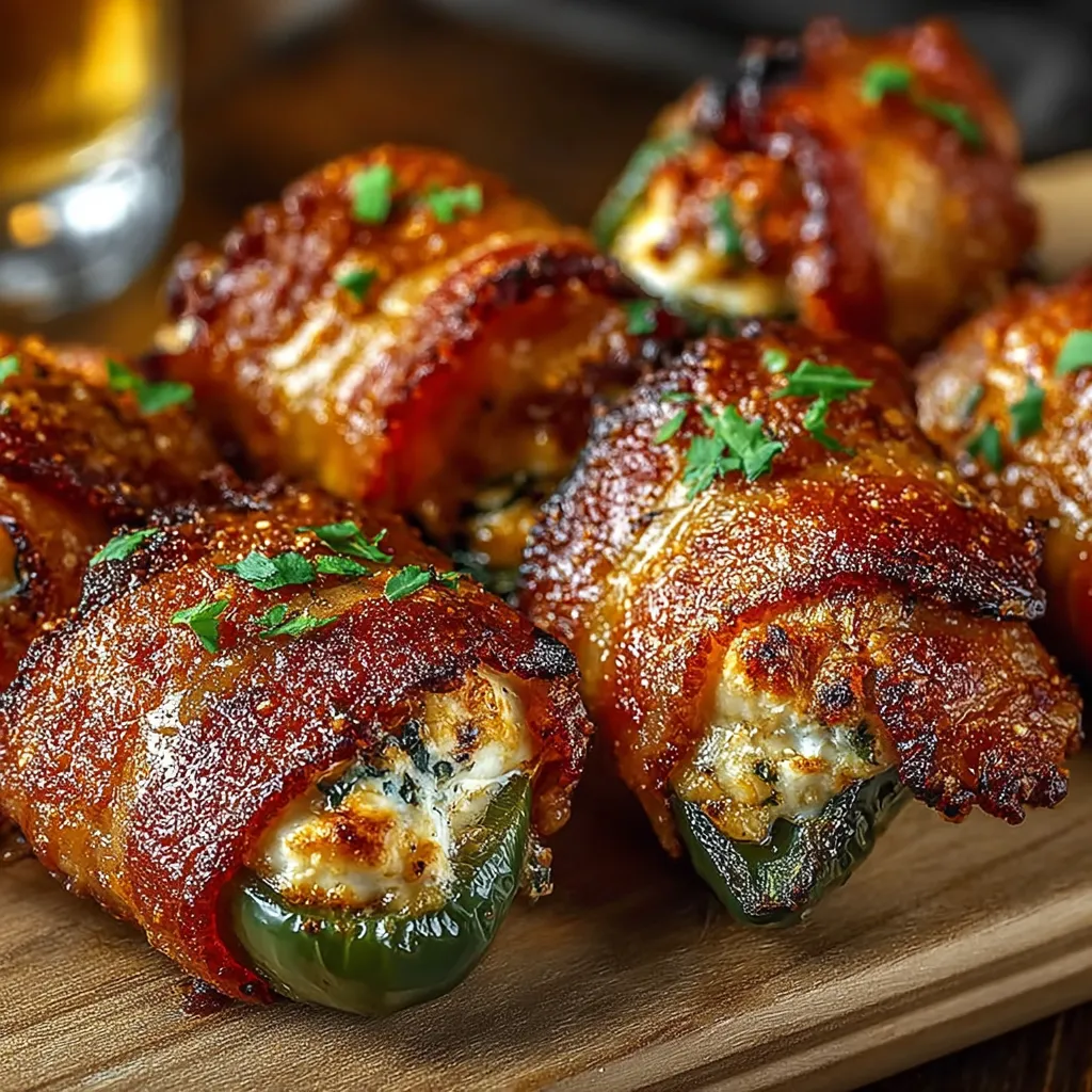 Bacon wrapped peppers on a wooden board.