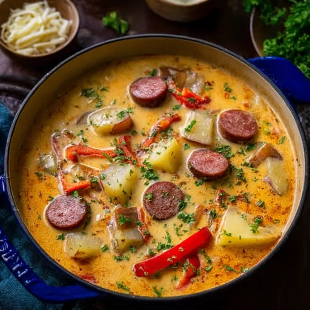 A bowl of soup with sausage, potatoes and peppers.