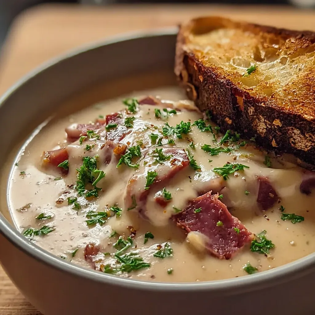 A bowl of soup with a slice of bread on top.