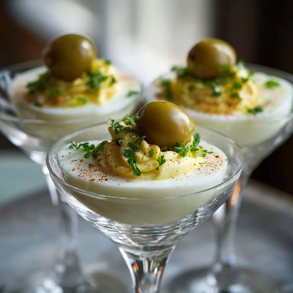 Three glasses of food with olives on top.