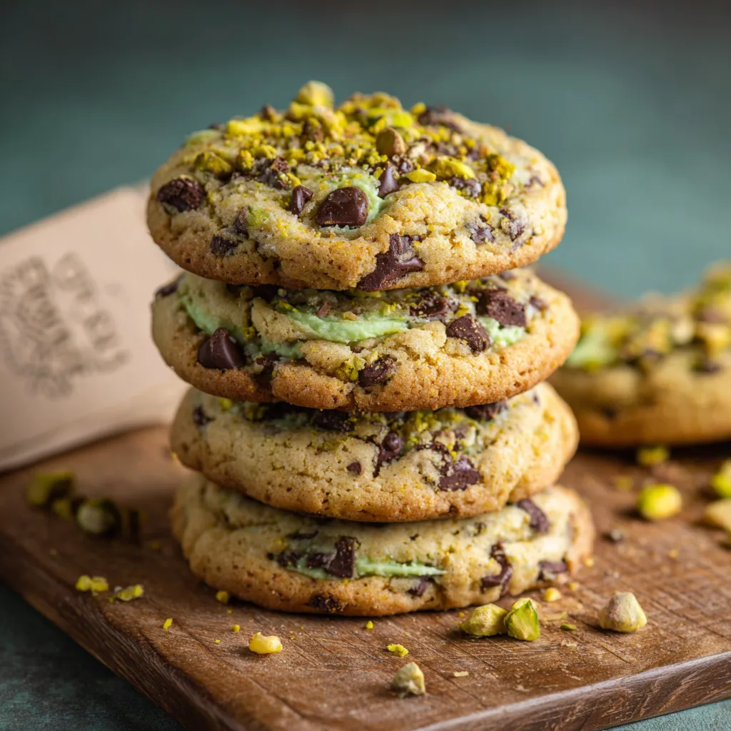 A stack of chocolate chip cookies.