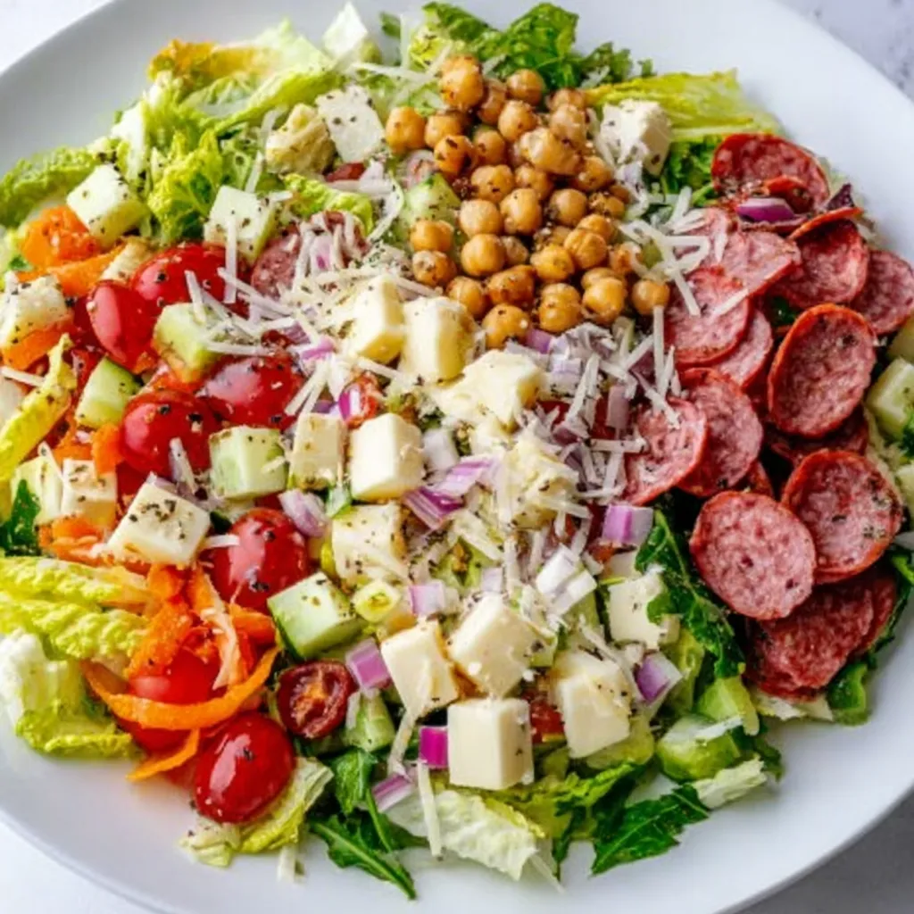 A plate of salad with meat and cheese.