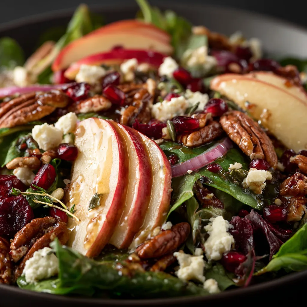 A salad with apples, nuts, and blue cheese.