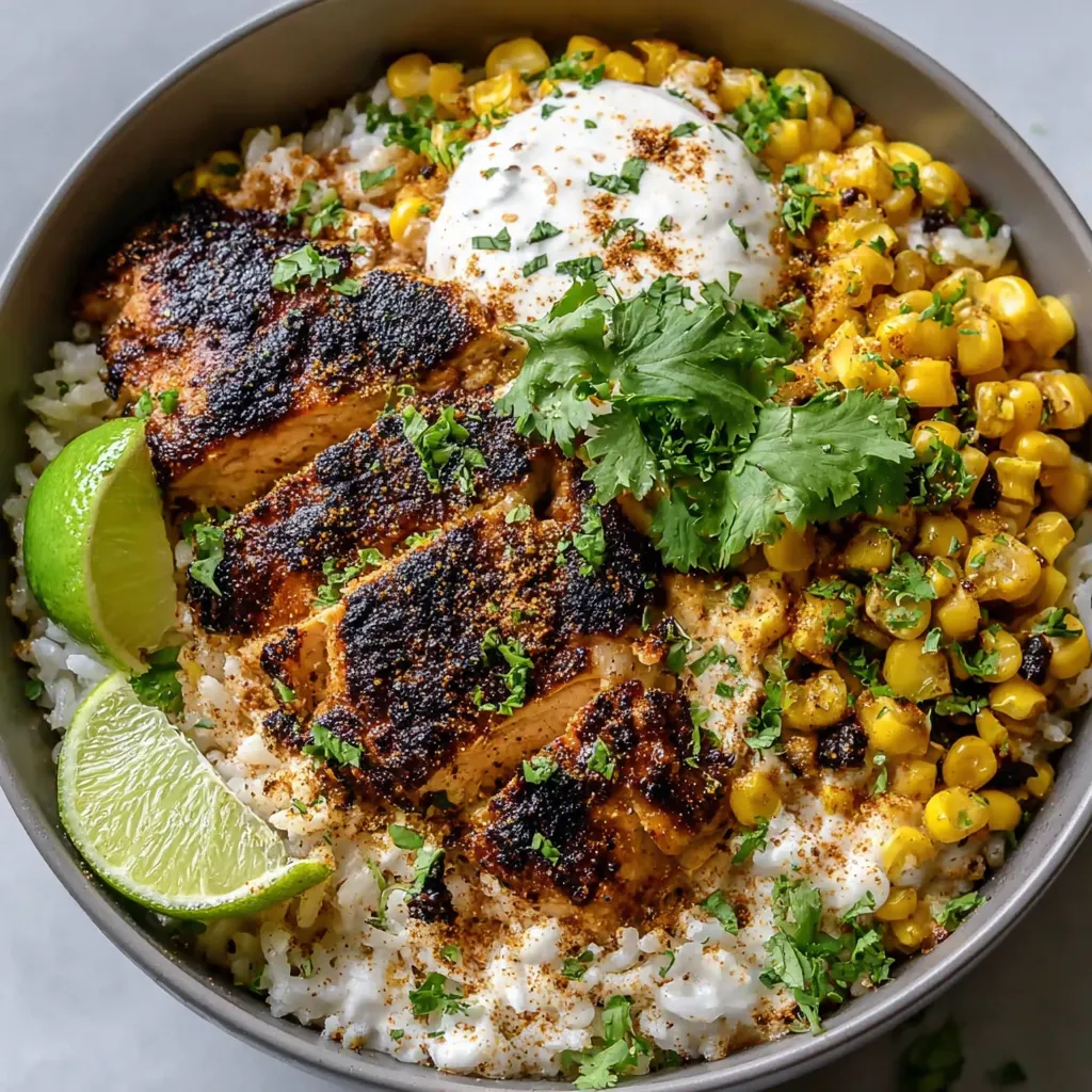 A bowl of food with rice, corn, and meat.