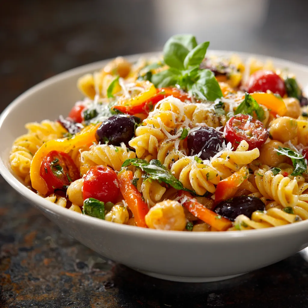 A bowl of pasta with tomatoes, basil, and cheese.