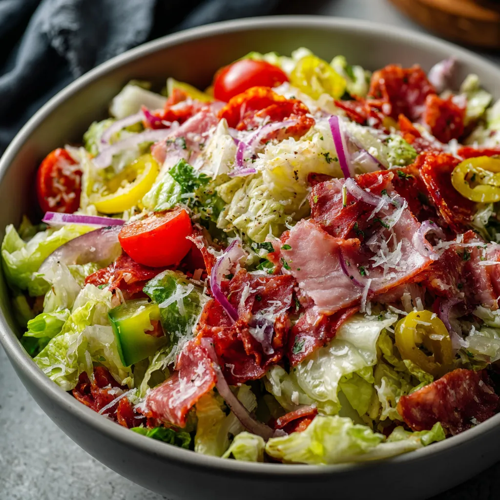 A bowl of salad with meat and vegetables.