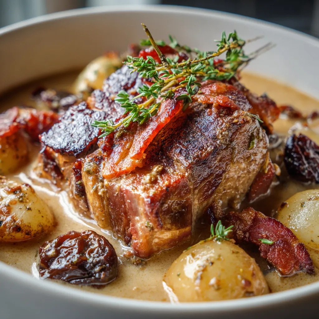 A bowl of meat and potatoes.