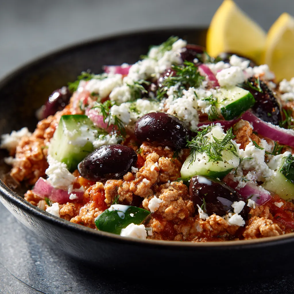 A bowl of food with olives, cucumbers, and meat.