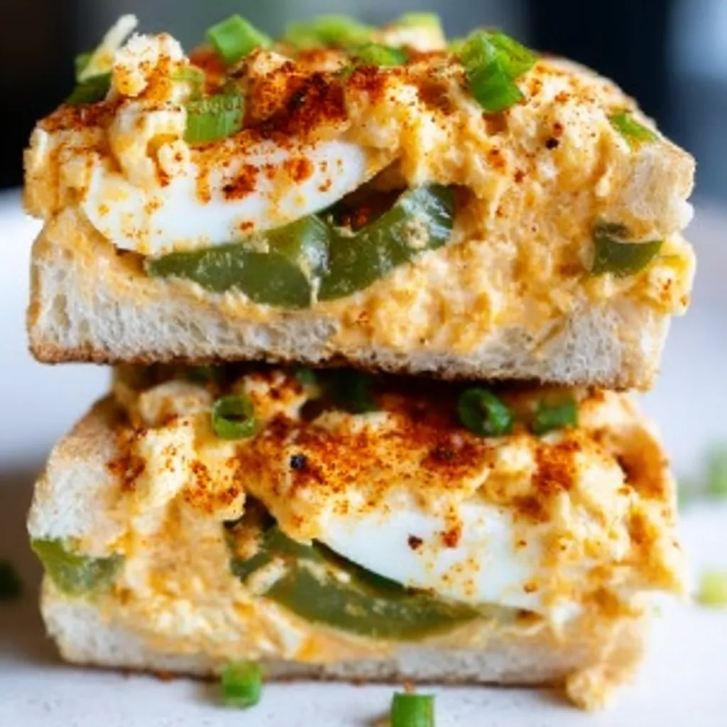 Two pieces of bread with a red sauce and green peppers on top.