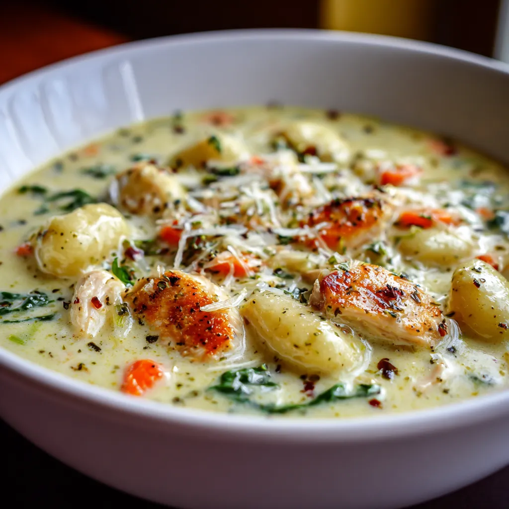 A bowl of soup with chicken and vegetables.