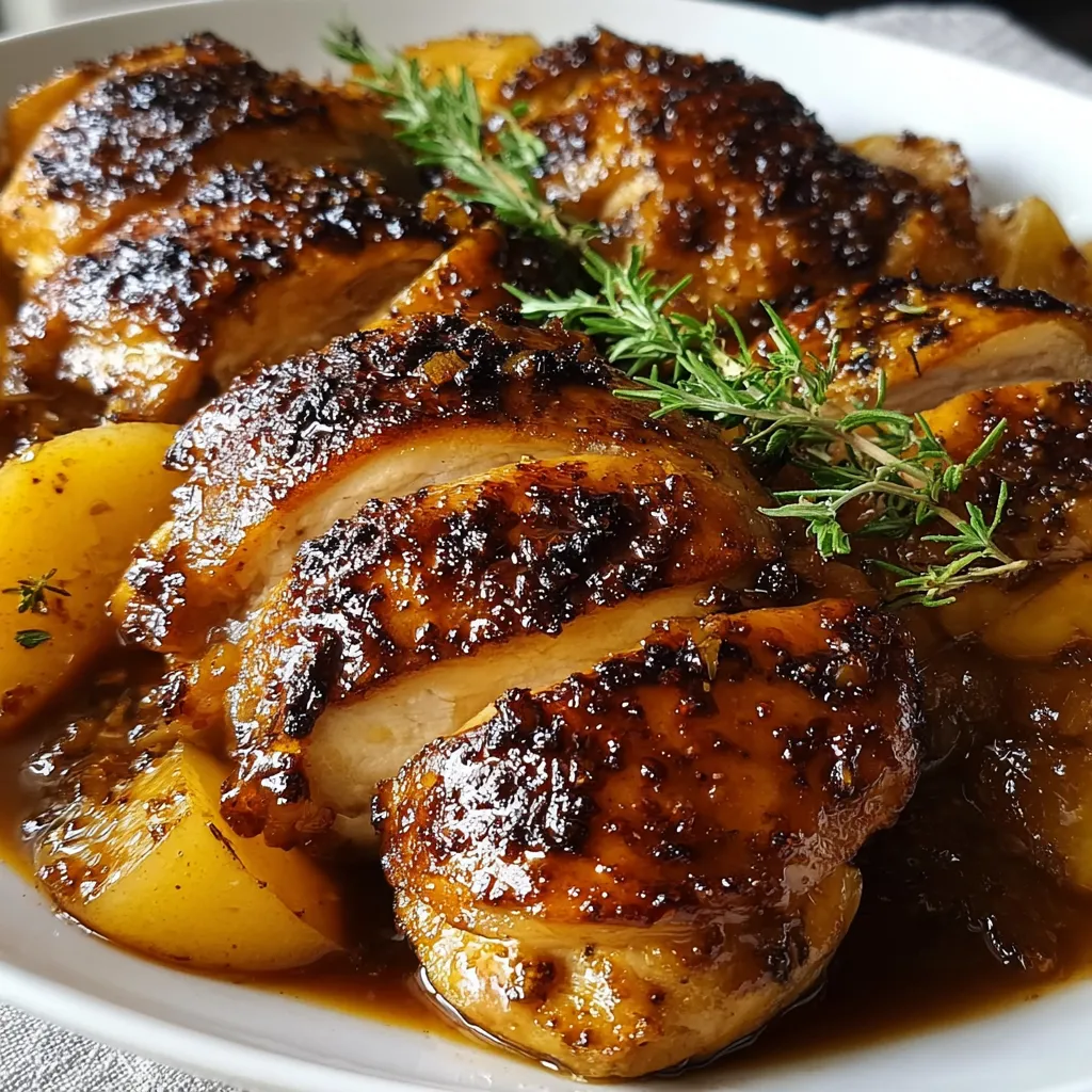 A plate of chicken with herbs on top.